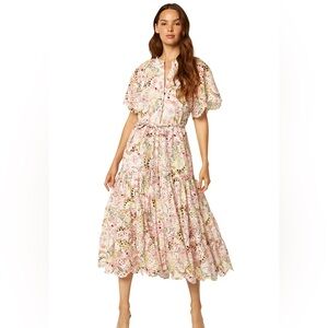Misa Los Angeles Pink Floral Tiered Midi Dress